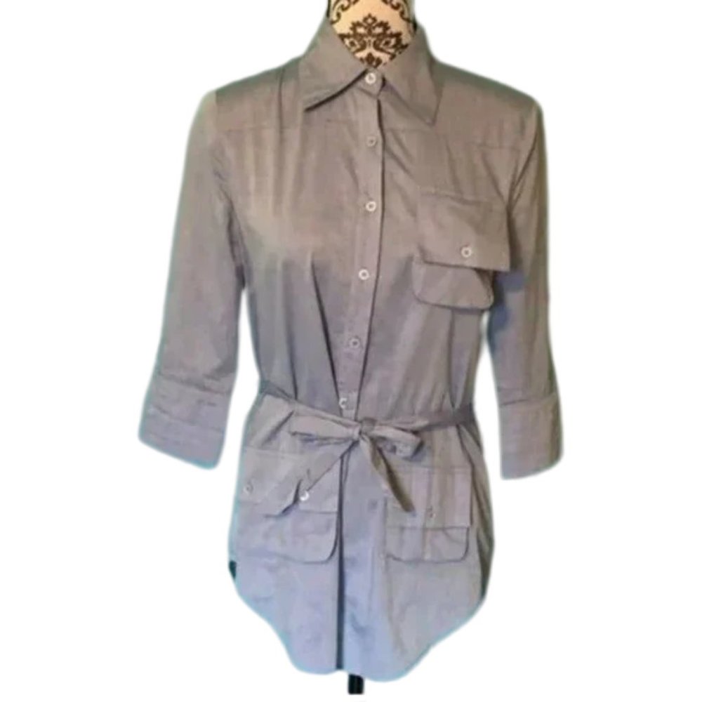 Bebe Denim Look Button Down Tunic Blouse Top
